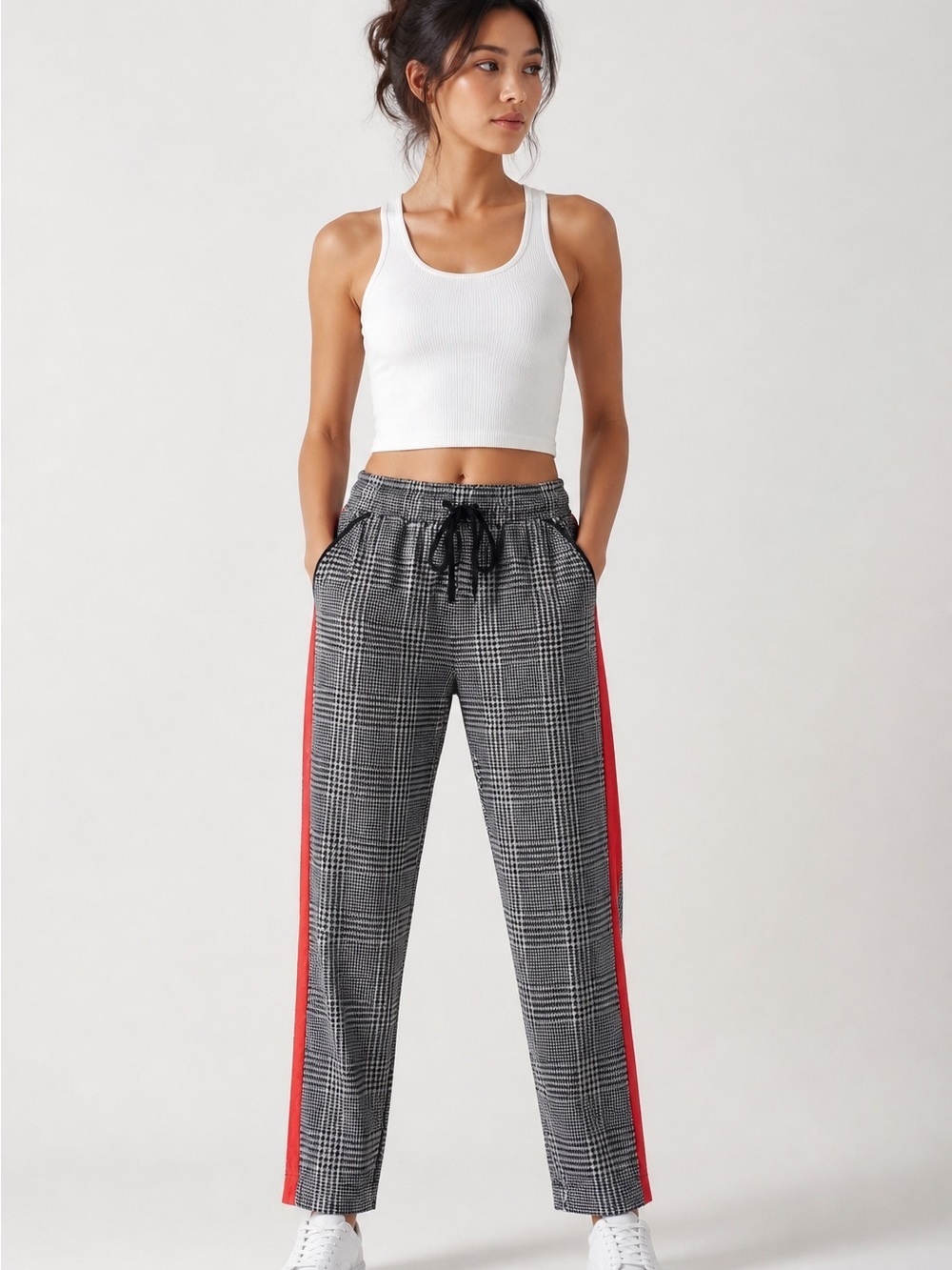 David Lerner Gray Plaid Track Pants with Red Side Stripe